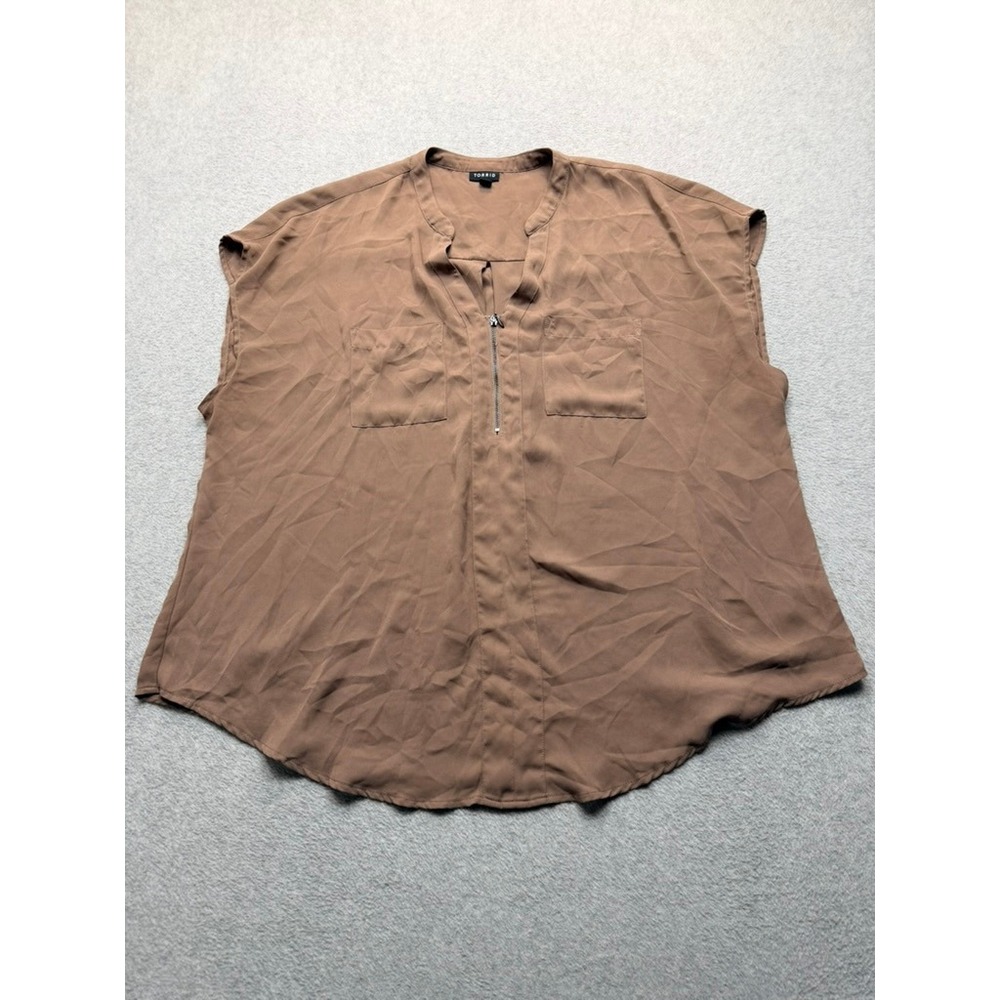 Torrid Mocha Brown Georgette Zip Front Short Sleeve Blouse Top Plus Size 1 1X